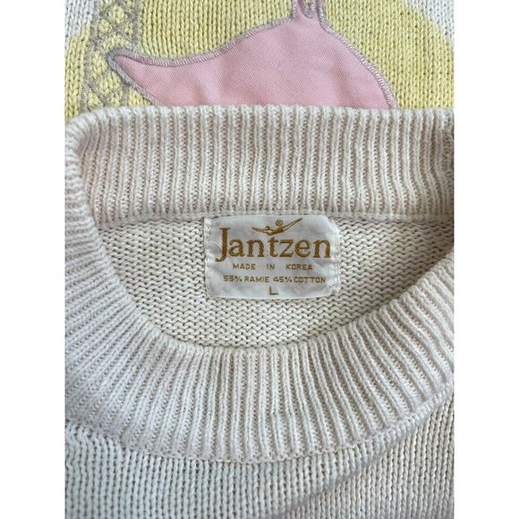 Vintage Jantzen Flamingo Palm Tree Sweater L – 80s Retro Pastel Summer Knit - Picture 4 of 10